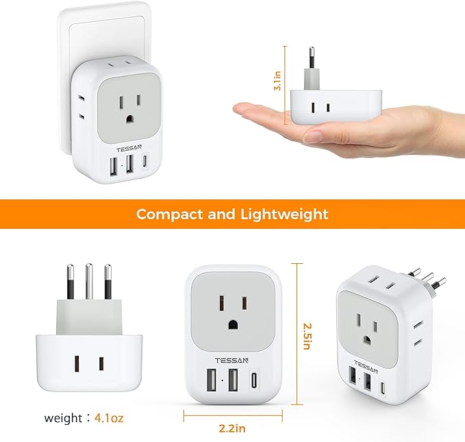 Italy Travel Plug Adapter 2 Pack, TESSAN Italy Power Adaptor with 4 Outlets 3 USB Charger (1 USB C Port), Type L Adapter for US to Chile Libya Syria Tunisia Uruguay