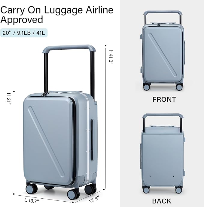 MILADA Wide Handle Carry On Luggage with Front Pocket Hardshell 20 Inch Front Opening Luggage with Spinner Wheels TSA Lock Aluminium Suitcase Airline Approved Carry-On Travel Luggage, Grey