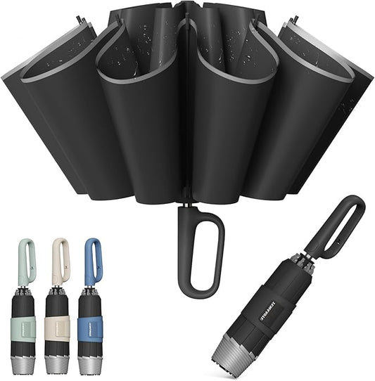 QWB TUMAAOTU Inverted Umbrella with Carabiner Handle, Compact Wind Proof Umbrellas For Rain and Sun Protection, Portable Reverse Folding Umbrella, Car Umbrella for Women Men, 10 Ribs
