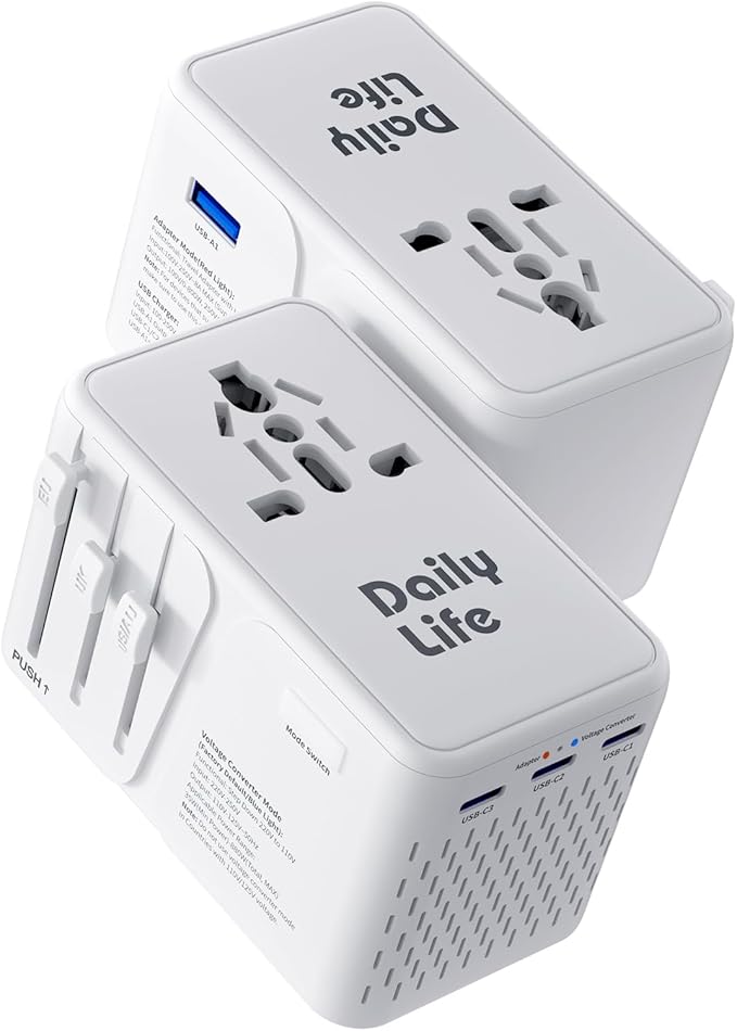 DAILYLIFE 220V to 110V Converter, Travel Adapter US to Europe - Power Converter Adapter Combo with 3 USB C and 1 USB A for US/UK/EU/AU, 1 Pack (White)