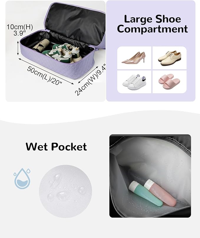 50L Large Travel Duffel Bag with Shoe Compartment & Toiletry Bag for Women, Carry on Bags with Wet Pocket, Purple