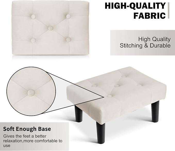 HOUCHICS Small Footstool Ottoman,Velvet Soft Footrest Ottoman with Wood Legs,Sofa Footrest Extra Seating for Living Room Entryway Office(White 2PACK)