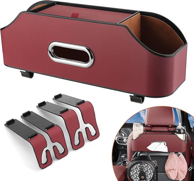 Car Seat Back Organizer - Stylish & Functional Storage for Family Adventures - Cup Holders, Tissue Box & Hooks - Perfect for Kids, Road Trips & Travel (Red)