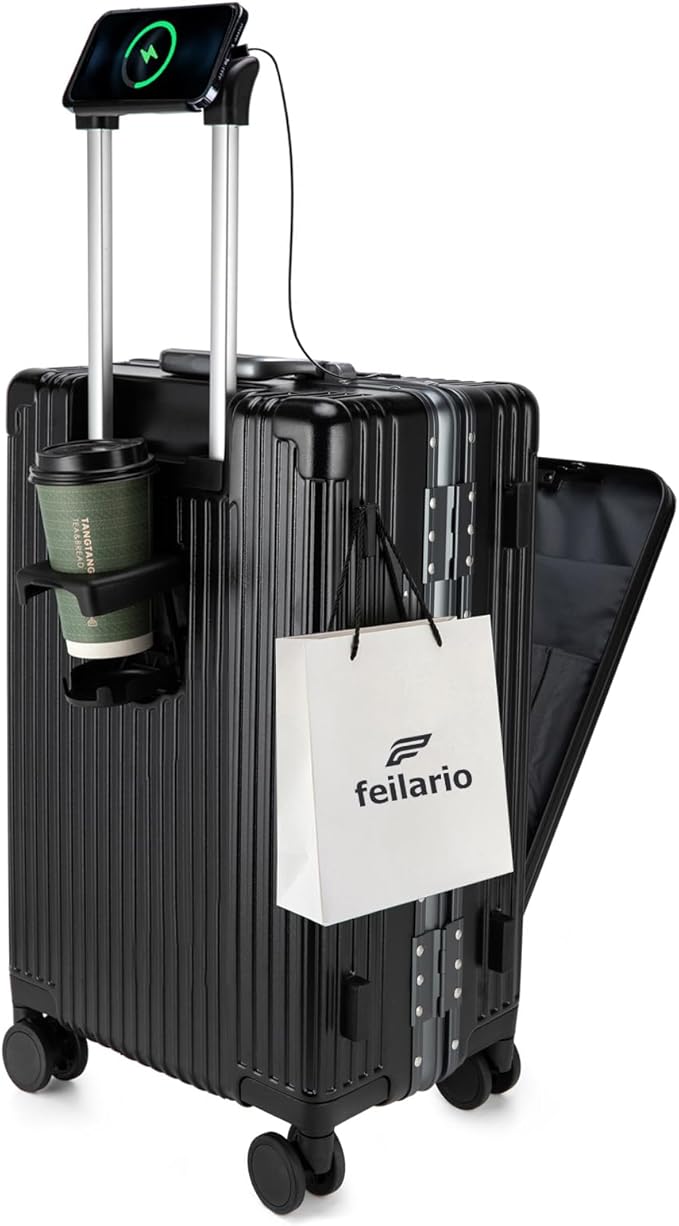 feilario 24in Aluminium Frame PC Hard Shell Spinner Wheels Luggage, Built-In TSA lock Carry on Suitcase, with Cup Holder, USB Port, Phone Holder ﻿