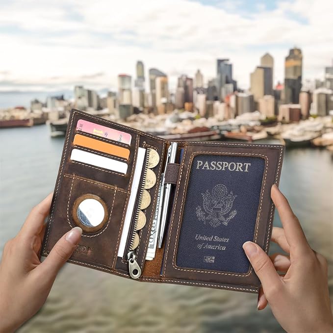 CONTACTS Full Grain Leather Airtag Passport Holder RFID Blocking Travel Passport Wallet Slim Passport Cover Case with 4 Cards Slots, Coin Pocket (Brown)
