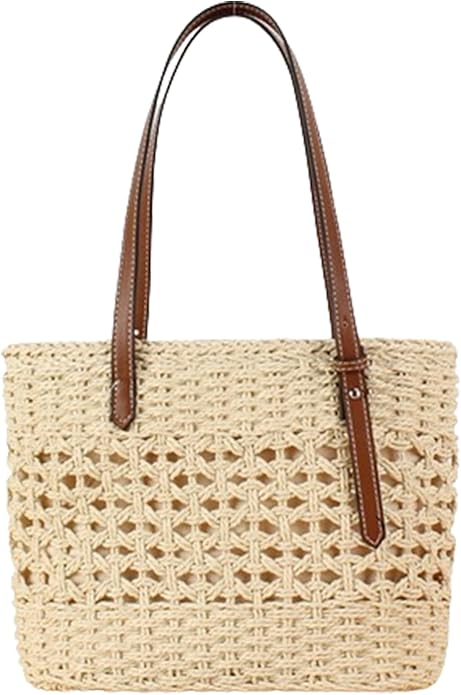 Womens Straw Tote Handbag - Summer Beach Bag with Top Handle - Handwoven Shoulder Bag - 2024