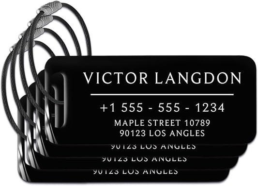 Personalized Luggage Tags for Suitcases 4 Pack - Stainless Steel Custom Luggage Tags for Backpacks & Bags, Sturdy, Waterproof & Heavy Duty (Black / 3" x 1.25")