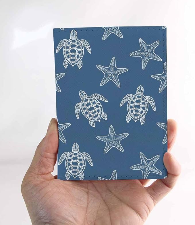 Sea Turtle Line Passport Holder for Travel Starfish Ocean Underwater Life PU Leather Passport Cover Wallet Cute Passport Card Holder for Women and Men