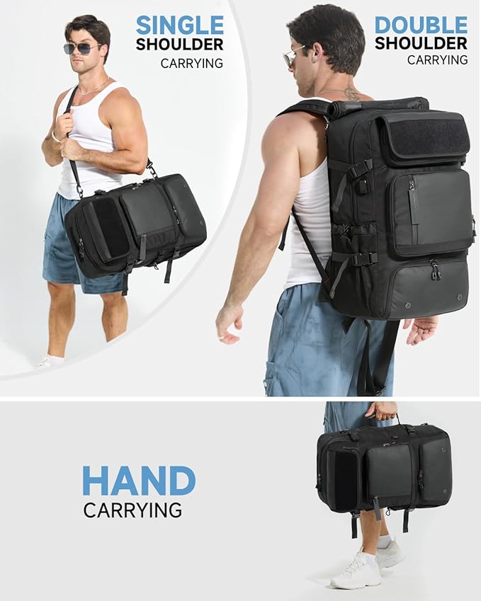 60L Convertible Carry On Backpack&Duffle Bag&Weekender Bag with 17" Padded Laptop Sleeve, USB Charging Port, Shoe Compartment for Men Women, Travel, Tactical, Gym, Hiking, Overnight Trips