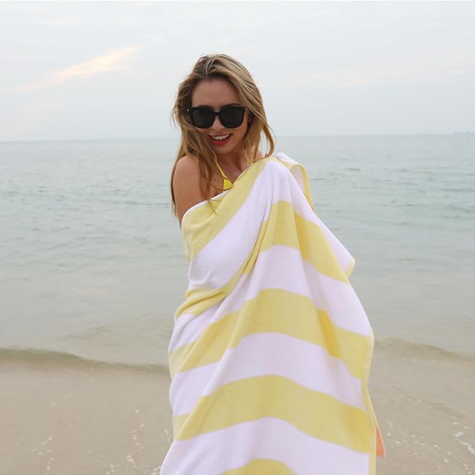 CLOWOOD Plush Oversized Beach Towel - Cotton 40 x 70 Inch Large Thick Yellow Striped Cabana Pool Swimming Towel