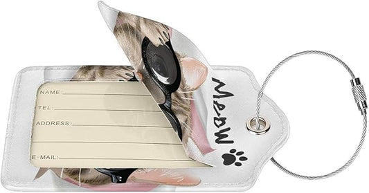 2 Pack Cute Cat Luggage Tags for Kids Girls Women Travel Funny Animal with Sunglasses Print on PU Leather Bag Tags Accessories Privacy Cover ID Label with Stainless Steel Loop for Backpack Suitcase