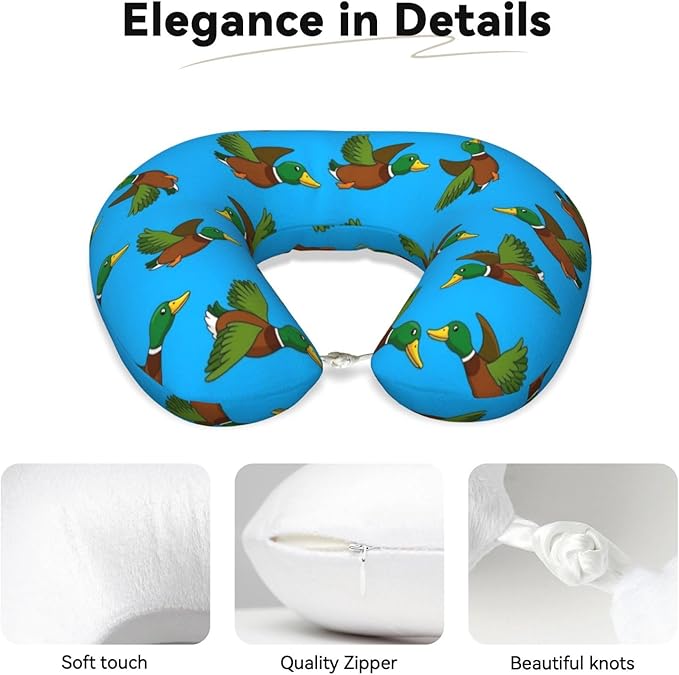 Comfortable Memory Foam Neck Pillow Cute Mallard Ducks, Travel U Shaped Airplane/Car/Flight Pillows with Removable Zipper Cover, Chin Head Neck Support Cushion