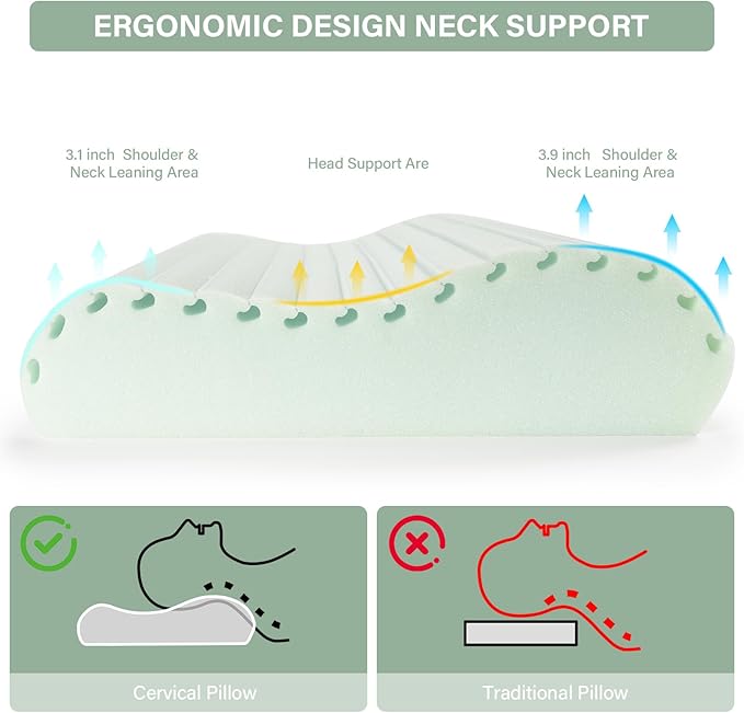 Cervical Neck Pillow for Neck Pain Relief, Contour Memory Foam Pillows, Cooling Ergonomic Pillows for Sleeping Side, Back & Stomach Sleepers, Breathable Bed Pillows Neck Support, Extra Soft