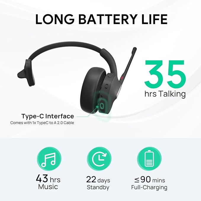Yealink BH70 Mono Wireless Headset with Mic for Work, Bluetooth Headphone Teams Certified, up to 35h Talk Time, 91g Lightweight Comfort, USB-C to A