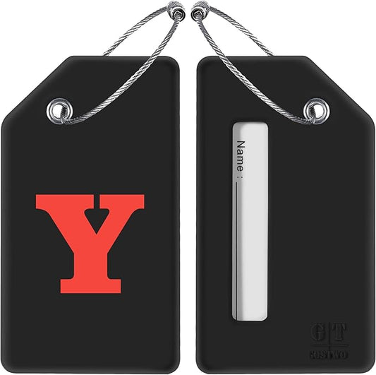 Gostwo 2 Pack Silicone Luggage Tags for Suitcases, 26 Initial Letter Baggage Labels Handbag School Bag Suitcase Instrument Tag with Stainless Steel Loop(Black)(Letter Y)