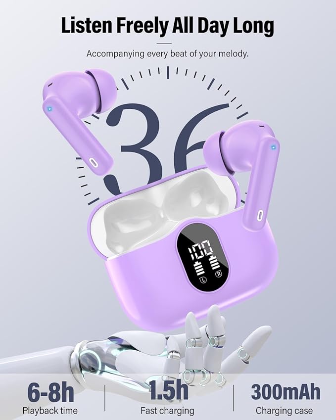 Wireless Earbuds, Bluetooth 5.4 Headphones Bass Stereo, Ear Buds with Noise Cancelling Mic, LED Display in Ear Earphones Clear Calls, IP7 Waterproof Bluetooth Earbuds for Laptop/Phones/Sports, Purple