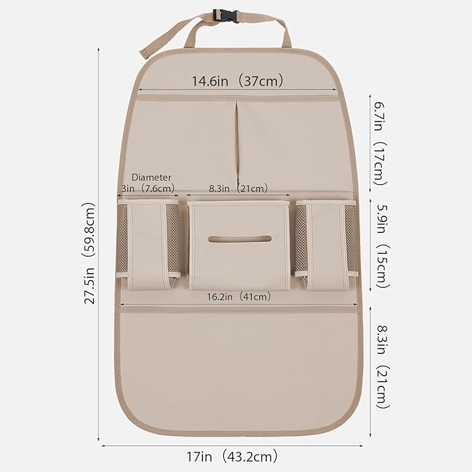 Car Backseat Organizer for Kids, Car Back Seat Storage Bag With 3 Pockets, 2 Drinks Holders, Water Resistant, Kids Toy Storage Kick Mat Back Seat Protector for Toddlers (Beige 1-Pack)