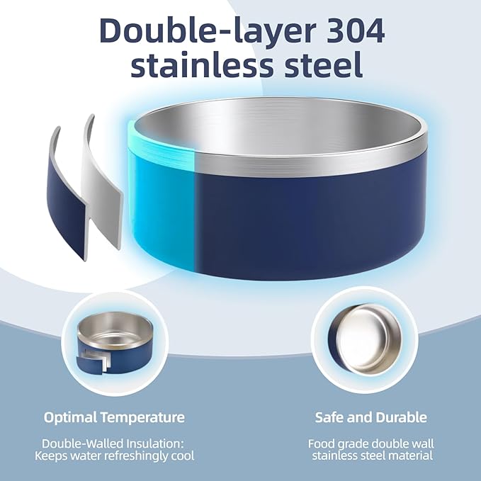 Dog Bowls Small Sized Dogs-Medium Sized 1.2l/42oz Double Layer Stainless Steel Outdoor Dog Water Bowl,Puppy Insulated Food Bowl,with Non-Slip Bottom and 1pc 8oz Food Scoop (Blue, 42 oz)