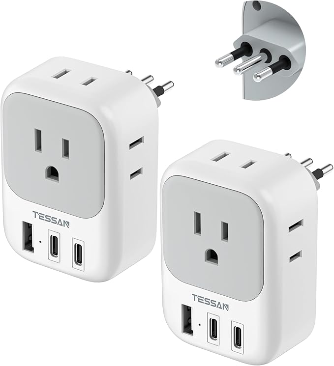 Italy Travel Plug Adapter 2 Pack, TESSAN Type L Adapter for Travel with 4 Outlets 3 USB (2 USB-C), Power Adaptor for US to Italy Chile Rome Uruguay Milan Libya