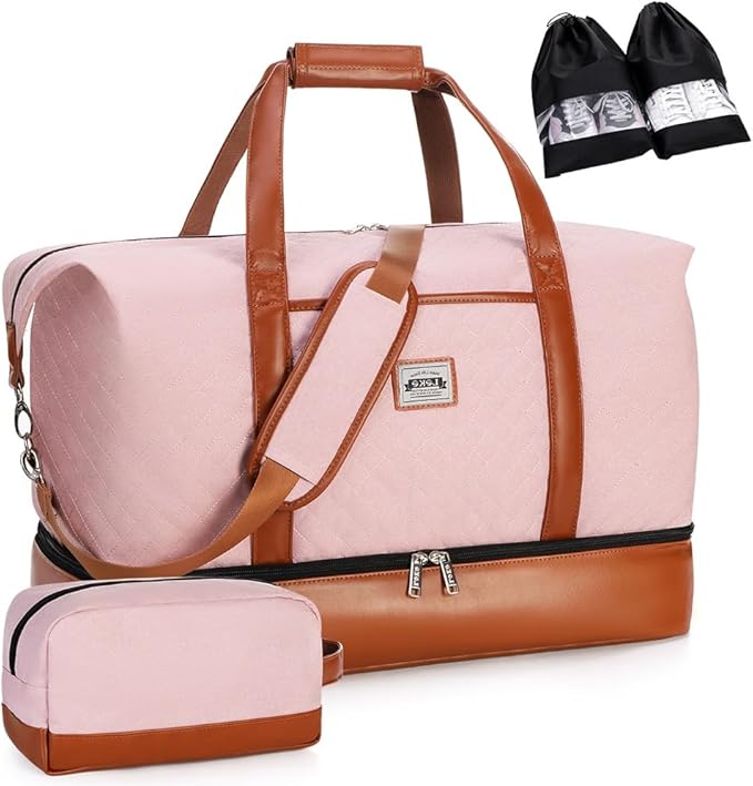 Weekender Bags for Women, Travel Duffle Bag Carry On Travel Bag Overnight Bag with Shoe Compartment Toiletry Bag, Large Weekend Tote Bag Gym Bag Hospital Bag for Labor and Delivery, 50L Quilted Pink