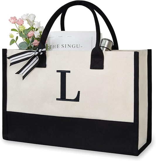 TOPDesign Personalized Initial Canvas Beach Bag, Monogrammed Gift Tote Bag for Women