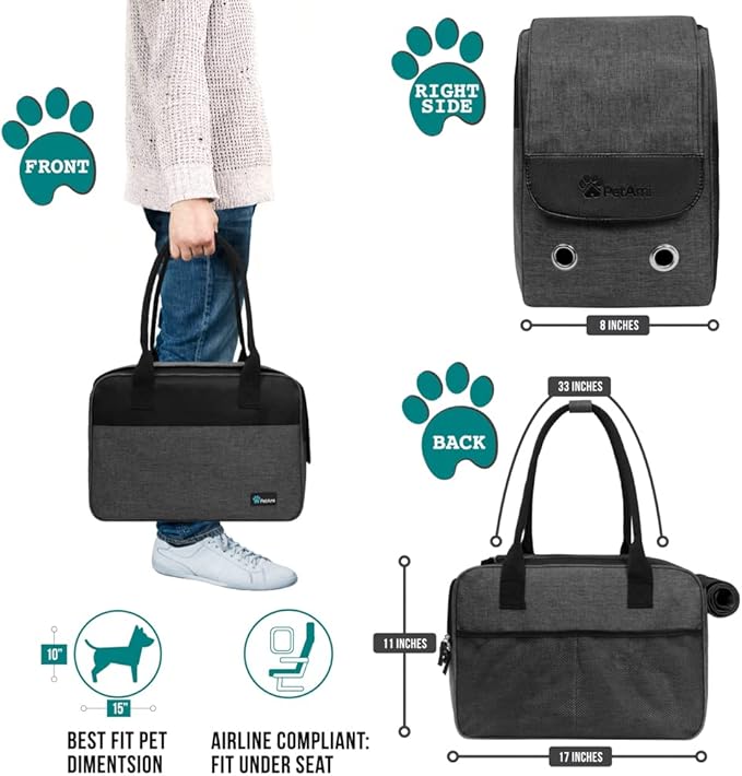 PetAmi Dog Purse Carrier for Small Dogs, Airline Approved Soft Sided Pet Carrier with Pockets, Ventilated Dog Carrying Bag for Puppy Cat, Dog Travel Supplies Bag, Sherpa Bed, Max 12 lbs, Dark Gray