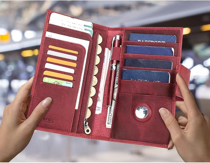 CONTACTS Full Grain Leather Family Passport Holder for 4 Womens Airtag Passport Wallet RFID Blocking Travel Passport Cover with 4 Passport Slot, 6 Card Slot (Red)