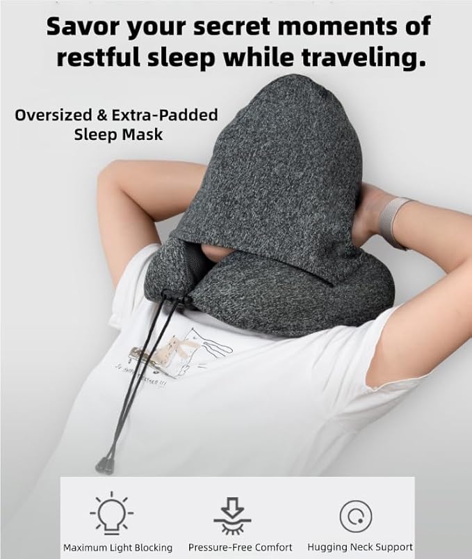 Travel Neck Pillow with Extra Large Hood Rollable Airplant Hooded Neck Pillow with Memory Foam Filling and Removable, Skin-Friendly Cover with a Carrying Pouch