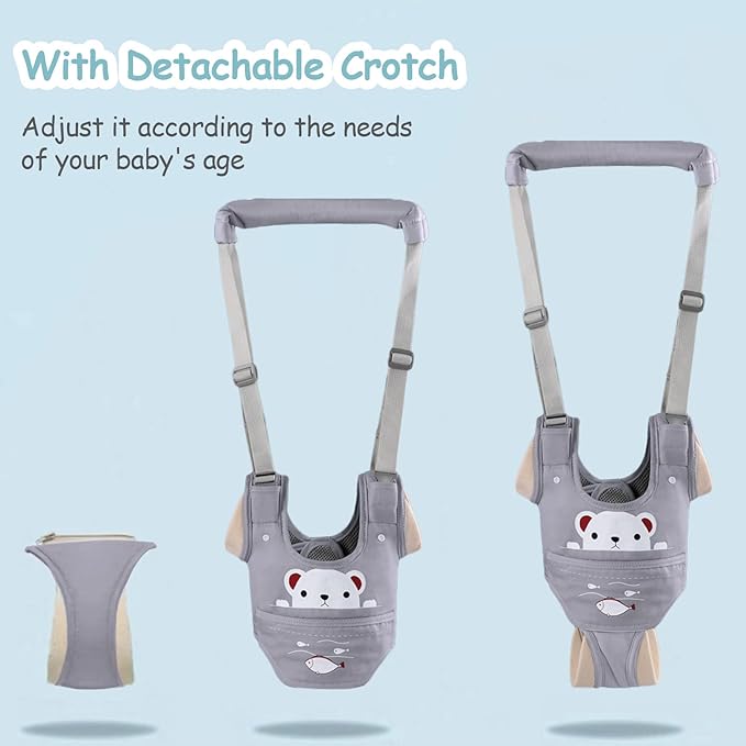 Baby Walking Harness Handheld Baby Walker Assistant Belt Adjustable Toddler Infant Walker Safety Harnesses Standing Up and Walking Learning Helper with Detachable Crotch for 9-24 Month (Gray)
