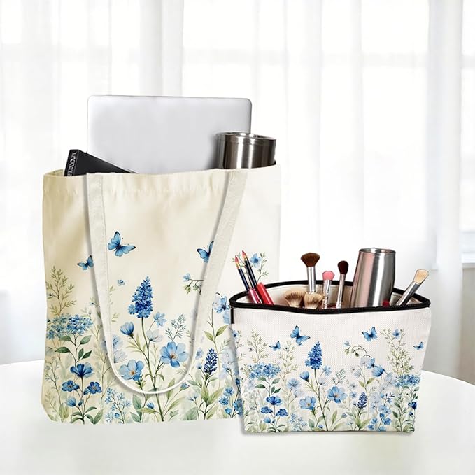 Flower Plant Lover Gifts for Women Canvas Tote Bag with Makeup Bag Cosmetic Bags Grocery Bags for Shopping Christmas
