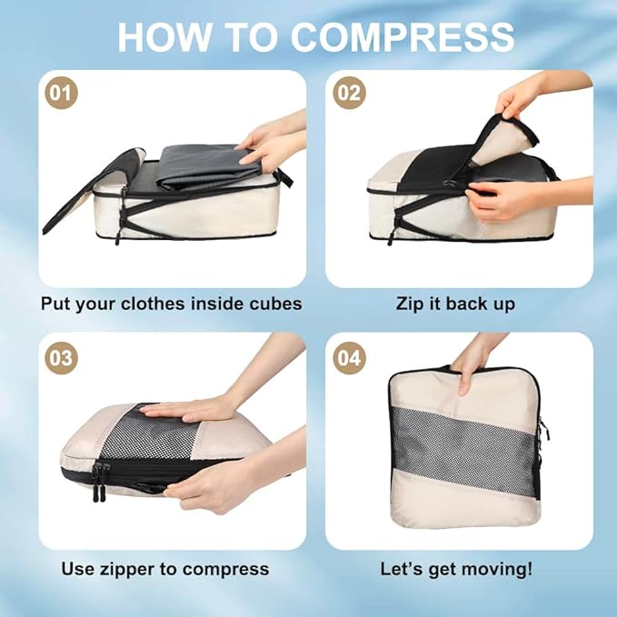 6 Set Compression Packing Cubes - Travel Essentials Compressible Expandable Packing Cubes for Suitcase, Lightweight Luggage Organizer Bags, Space Saver Bags for Travel (6)