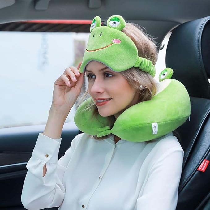 Umerci Travel Pillow, Memory Foam Neck Pillow with 360-Degree Head Support Comfortable Airplane Pillow with Storage Bag Lightweight Traveling Pillow for Sleeping, Car, Train, Bus and Home Use (Frog)