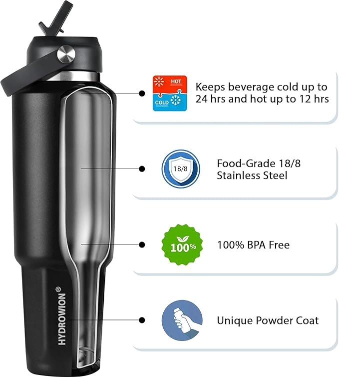 HYDROWION 40 oz Insulated Water Bottle, Car Water Bottle Holder - Double Wall Vacuum Insulated Travel Bottle with Straw Lid, Spout Lid and Flex Cap - Cold for 24H, Hot for 12H, Blue - Panda