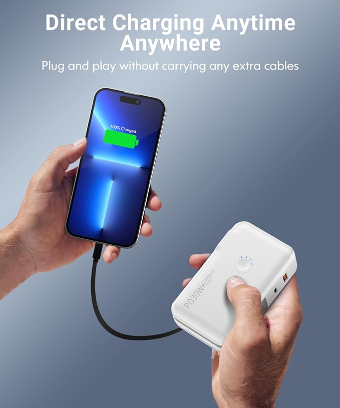 QiSa Portable Charger, Power Bank, 16000mAh Power Bank Built-in AC Wall Plug and Cables, PD 30W and QC4.0 Fast Charger for iPhone and Android Phones and Most Electronic Devices (White)