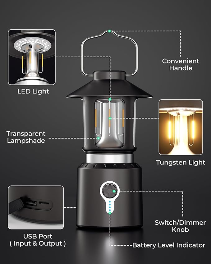 Camping Lantern Rechargeable, Telescopic Camping Light, Waterproof Retro Emergency Lights, Electric Lanterns for Power Outages, Vintage Hurricane Lamp for Tent Outdoor Patio RV Fishing