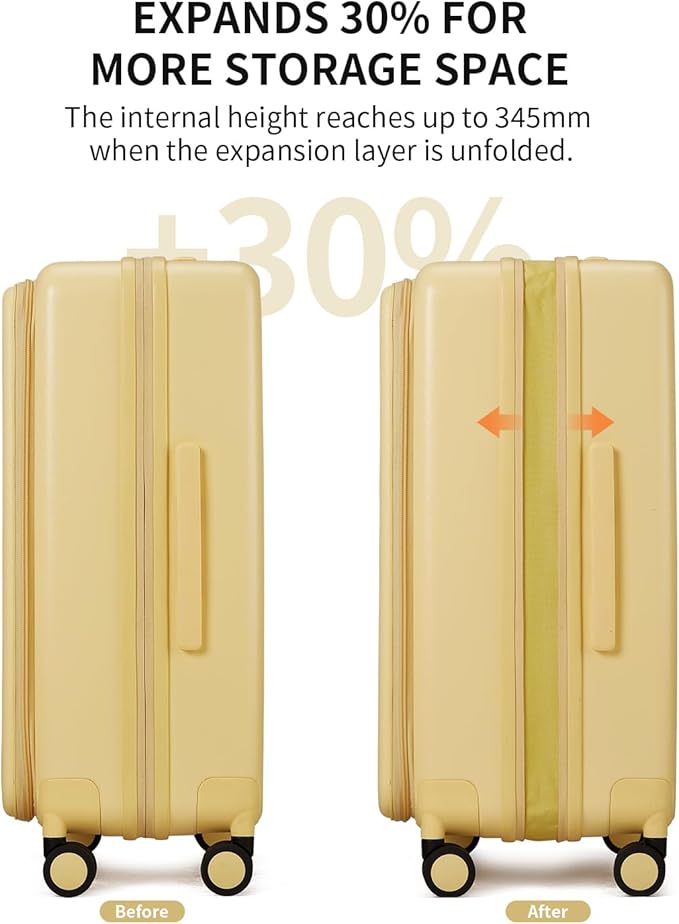 aji Expandable Top Opening 24 Inch Checked Luggage with Spinner Wheels, Large Suitcase with TSA Lock, Hard Shell Travel luggage Suitcases for Men Women, for 12+Days Travel, Cheese Yellow