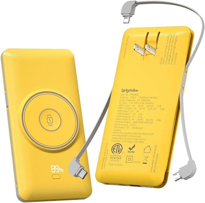 Magnetic 10000mAh Portable Charger for iWatch & iPhone, 22.5W USB C Fast Charging Wireless Power Bank Built-in Cables and Wall Plug, External Travel Battery Pack Compatible with iOS Android Devices