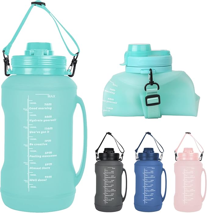 Collapsible Water Bottles, 2L/64OZ travel water bottle Bottle with Straw, Half Gallon Large Water Bottle for Travel Outdoor Sports Runing Fitness Yoga (Upgraded Snow Cyan)