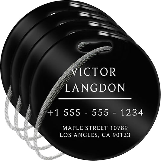 Stainless Luggage Tags for Suitcases 4 Pack: Metal Personalized Luggage Tags for Backpacks & Bags with Customizable Texts (Black)