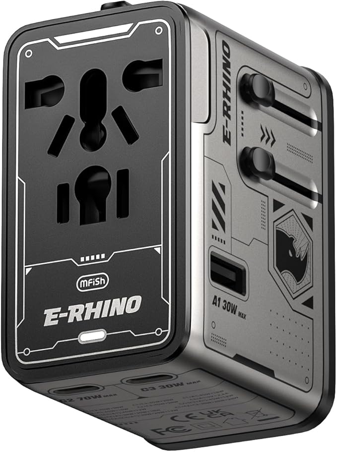 Mfish Universal Travel Adapter, 75w 5-Port International Plug Adapter, 1 USB-A, and 3 USB-C, Worldwide Wall Charger for EU/UK/AUS/CN Compatible with Over 200 Countries, Grey