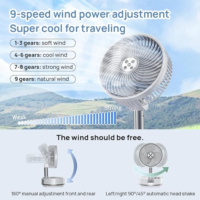 8 inch Portable Fan-Battery Operated Fan, Oscillating Rechargeable Fan with 20000mAh, Remote Control LED Lights, 72HR Run Time, Outdoor Portable Foldable Fan for Camping＆travel (White