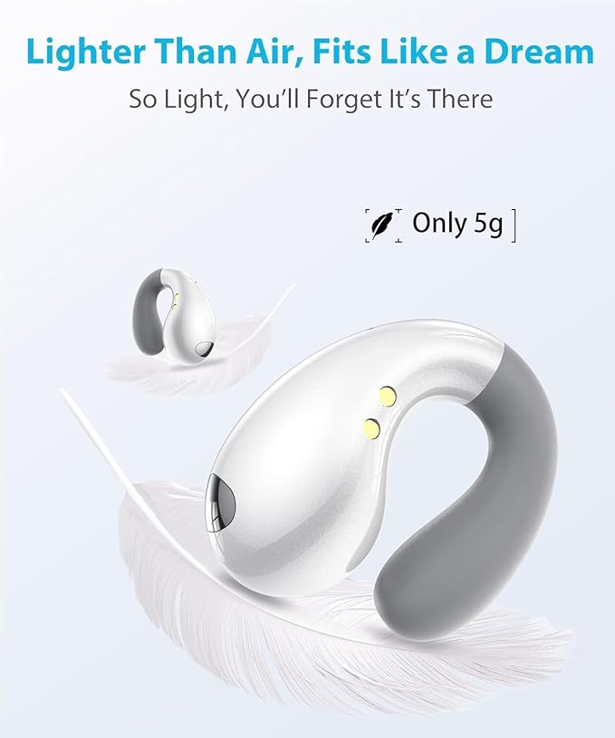 Ultra Open Ear Earbuds - Ergonomic Clip-On Earbuds, Open Wireless Headphones with Over-Ear Fit, Bluetooth Audio Buds for Running, Gym with Long Battery Life, Pure White