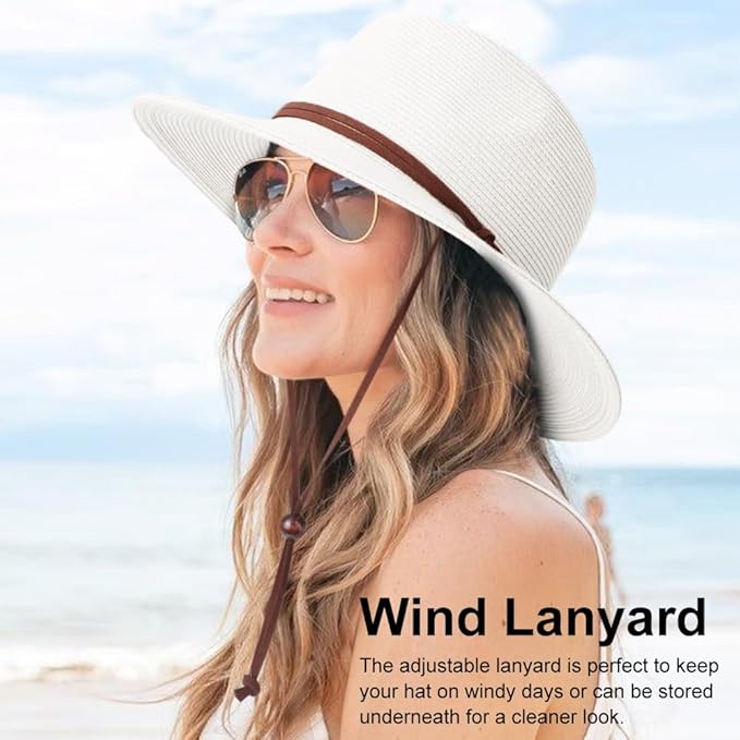 DRESHOW Women Straw Panama Hat Travel Fedora Beach Sun Hat Summer Wide Brim Straw Roll up Hat UPF 50+