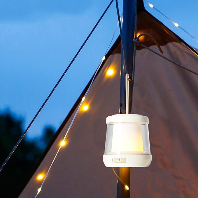 Camping Lantern with String Lights, 2 in 1 Outdoor Waterproof Portable Stowable String Light（32.8Ft）, 1800mAh Rechargeable Lantern with 3 Modes for Camping and Emergency Charging(1-Pack)