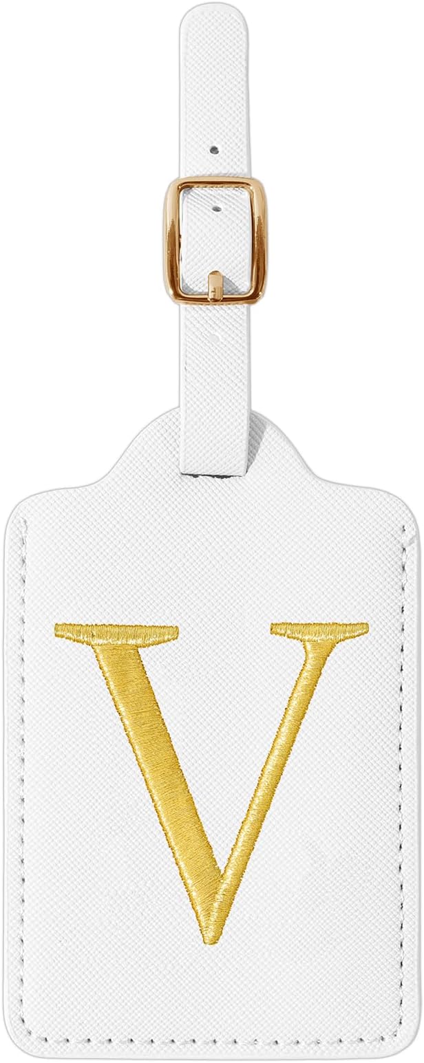 Personalized Initial Luggage Tags for Suitcase TSA Approved, White Leather Cute Luggage Tag with Privacy Cover Name Card, Embroidered Custom Luggage Tags Travel Baggage Tags Gifts for Women Kids(V)
