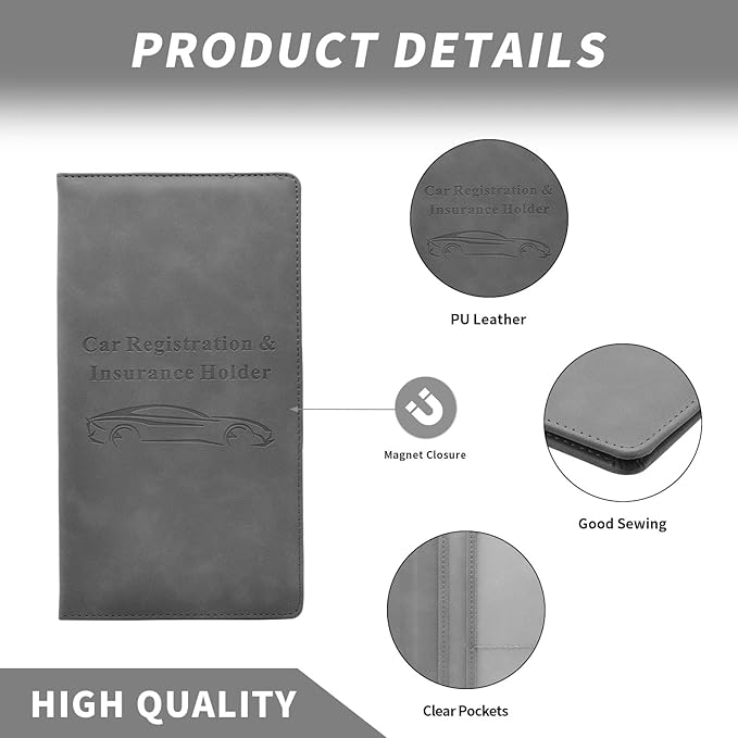 Car Registration and Insurance Card Holder - Vehicle Glove Box Document Organizer - Premium PU Leather Wallet Case - Driver License - Gray