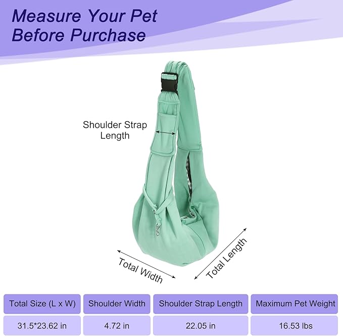 PETAXCELL Dog and Cat Sling Carrier Up to 16.5 Lbs, Hand-Free Reversible Pet Sling Carrier with Adjustable Strap and Pocket, (Green, 1 Pcs) Intended for Hiking/Camping/Traveling