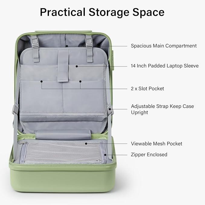 Hanke 16 Inch Underseat Carry On Luggage with Wheels Hard Shell Mini Small Suitcases Carry On Bag for Airline Approved TSA Luggage Lightweight Travel Suitcase(Bamboo Green)