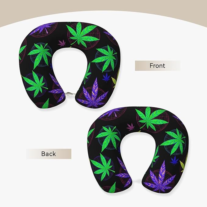 Comfortable Travel Pillow for Pain Relief Sleeping, Memory Foam Airplane Car Neck Pain Pillows Trippy Weedleaf Leaves Purple Black, Funny Chin Head Support Cushion