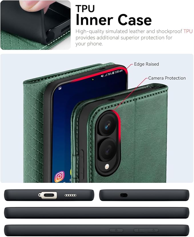 OCASE Compatible with Galaxy S25 Edge Wallet Case, PU Leather Flip Folio Case with Card Holders RFID Blocking Kickstand [Shockproof TPU Inner Shell] Protective Phone Cover 2025, Blackish Green